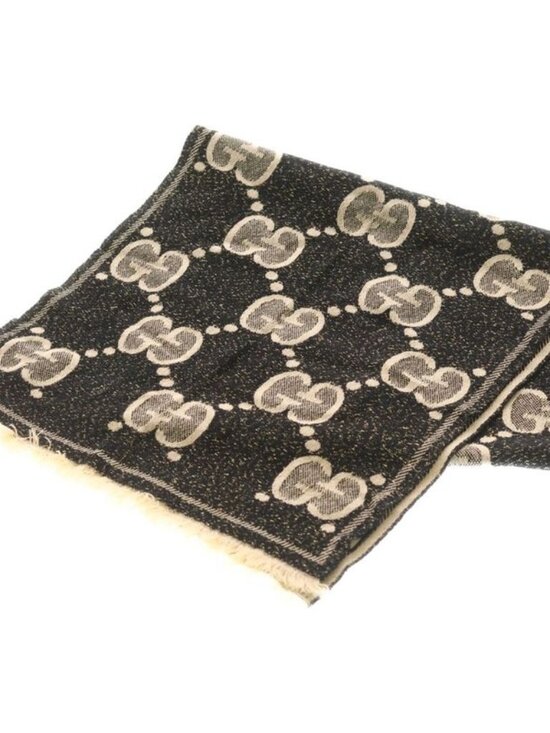 Gucci GG Wool Lame Jaguar Scarf Black Ivory Ivoryblack